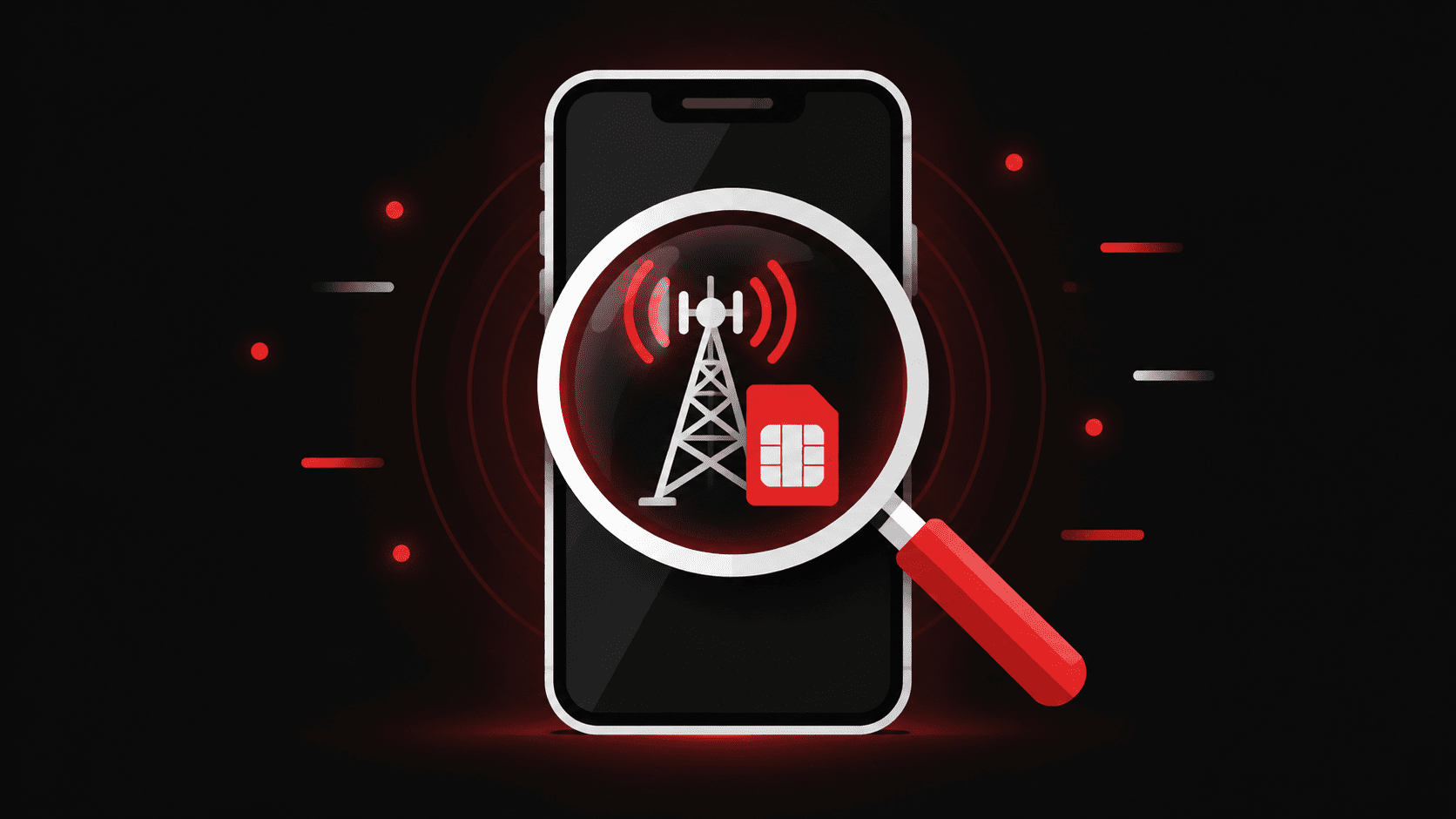 Smartphone with a magnifying glass revealing the mobile carrier and SIM details behind a phone number